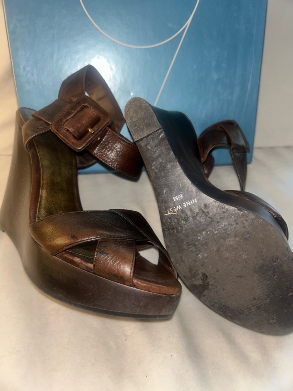 Nine West Brown Leather Platform Wedge Sandals with Ankle Buckle - Picture 3 of 5